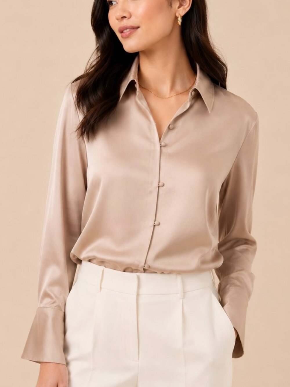 Banana Republic Blouse Satin Beige Taupe Button Sleeves Covered Buttons (S)